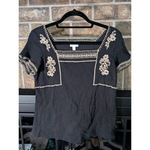 Garnet Hill Women's Sz 4 100% Organic Cotton Top Short Sleeve, Black Embroidered